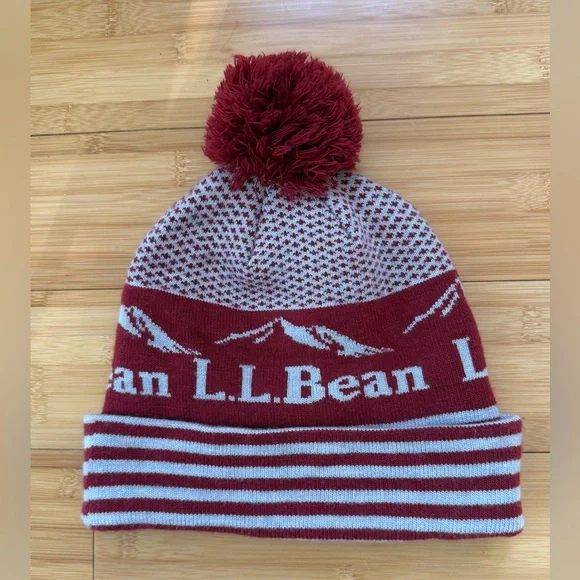 LL BEAN Katahdin Pom Hat Mountain Scene Gray and Red - Picture 1 of 6